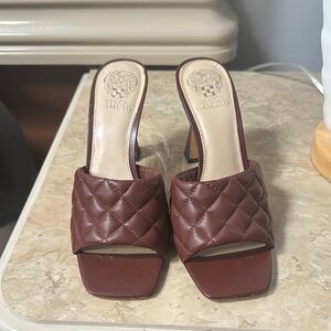 Vince Camuto Reselm Quilted Leather Brown Mules worn 1X inside